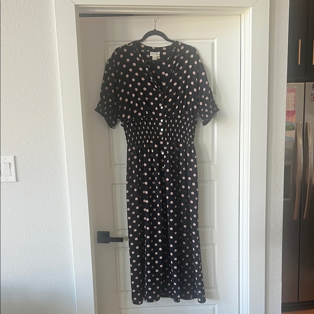Blue Midi Dress with Polka Dots — Lightweight Button-Front